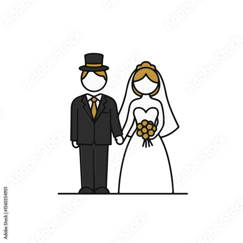 Two figures stand side by side, a bride and groom in wedding attire.