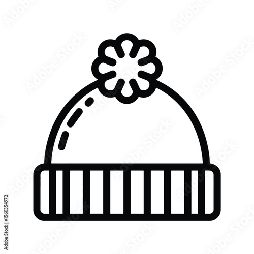Simple black and white line art icon of a winter beanie hat with a pom pom