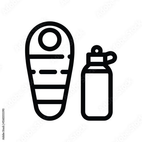 Simple outline icon of a sleeping bag and a water bottle for camping