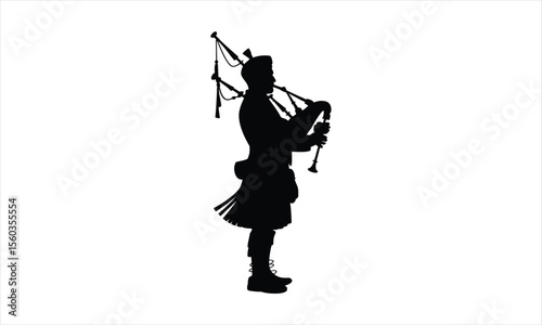 Scottish bagpiper performing music in a distinctive silhouette style