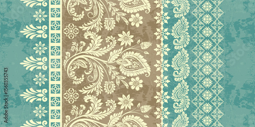 floral pattern vintage ethnic modern embroidery texture boho design vector illustration hand drawn pink flower motif branches leaves wallpaper seamless background border.