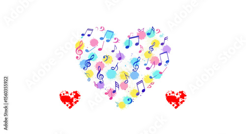 A watercolor heart shape filled with floating music notes and colorful splashes in soft pastel tones.