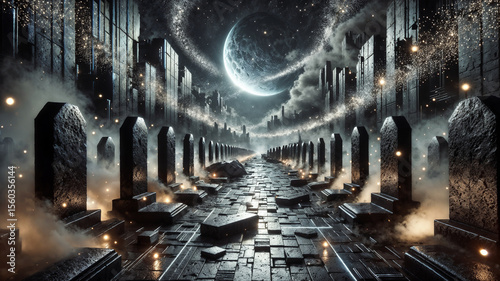 Fantasy graveyard city. A dark, futuristic city necropolis with a long path under a starry sky and a large, cracked planet. Digital art illustration.