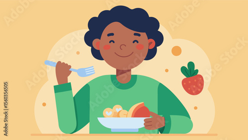 A person happily taking a bite of their nutritious and flavorful meal proving that healthy eating can be a delicious and satisfying experience.. Vector illustration