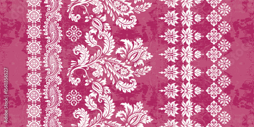 floral pattern vintage ethnic modern embroidery texture boho design vector illustration hand drawn pink flower motif branches leaves wallpaper seamless background border.	