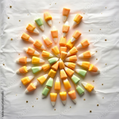 Halloween candy pattern. A flat lay of candy corn arranged in a circular mandala design on a white background with gold stars.