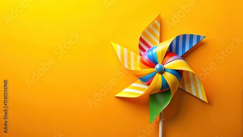 Brightly colored pinwheel toy against a vibrant yellow backdrop, symbolizing summer fun and childhood joy