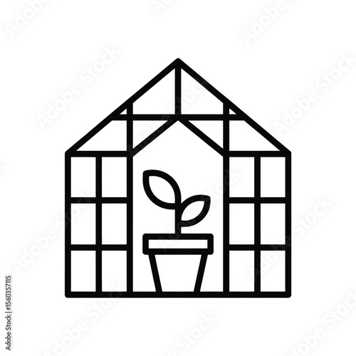 Simple black line art icon of a greenhouse with a potted plant inside
