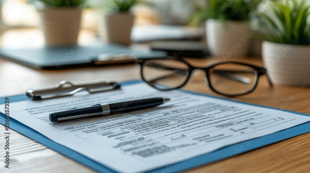Obraz premium Documents, pen, glasses on desk