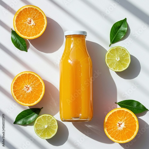 Orange juice bottle mockup. Bottle of orange juice surrounded by citrus slices and green leaves in sunlight. 