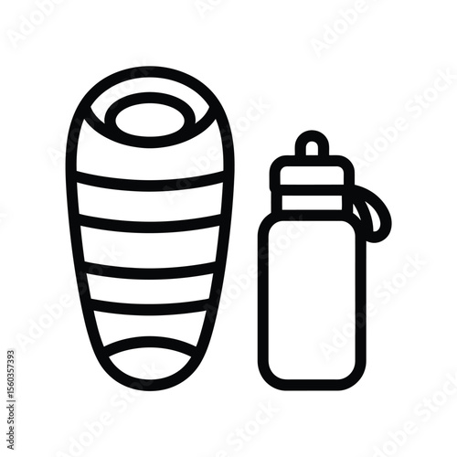 Simple black line icon of a sleeping bag next to a water bottle