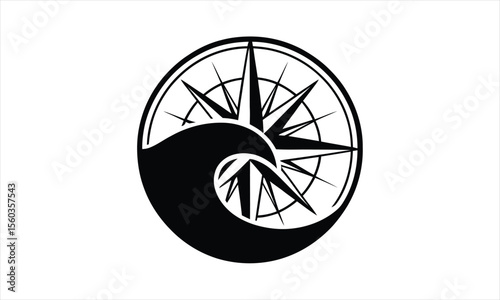 Nautical compass rose with a stylized wave silhouette