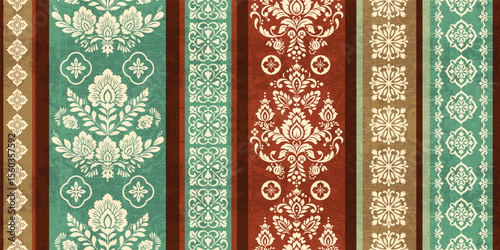 floral pattern vintage ethnic modern embroidery texture boho design vector illustration hand drawn pink flower motif branches leaves wallpaper seamless background border.	
