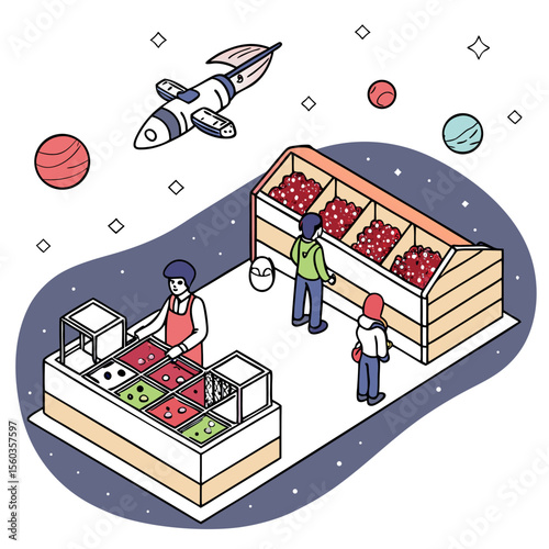 Isometric space market scene with people, planets, rocket, and market stalls selling goods in space