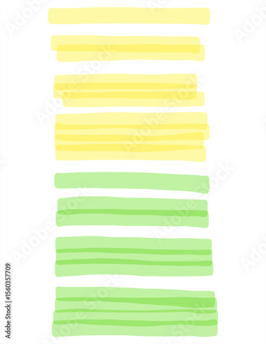 A vibrant abstract design featuring stacked yellow and green highlighter strokes on a white background, ideal for creative projects and decor.
