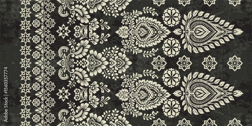 floral pattern vintage ethnic modern embroidery texture boho design vector illustration hand drawn pink flower motif branches leaves wallpaper seamless background border.	
