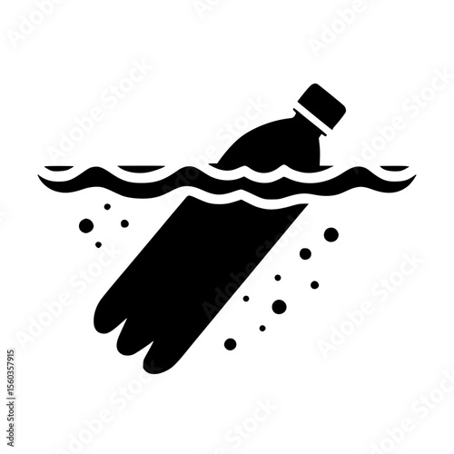Minimalist Black SVG Silhouette of a Plastic Bottle Floating in Water for Environmental and Marine Pollution Awareness Designs