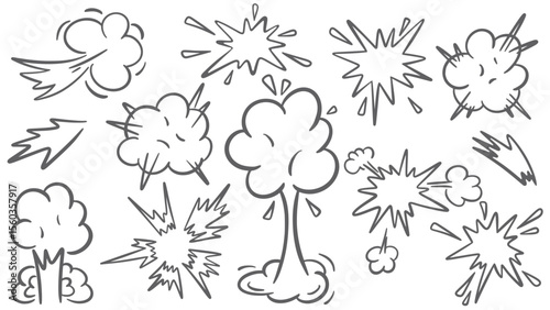 Explosion clouds and flashes with sparks set. Bomb explosion effects doodle sketch style illustration. Hand drawn ink comic bubbles, vector elements