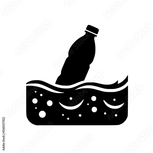 Minimalist Black SVG Silhouette of a Plastic Bottle Floating in Water for Environmental and Marine Pollution Awareness Designs