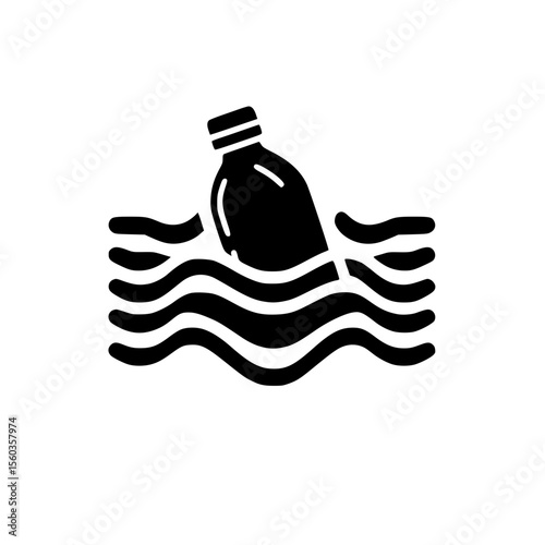 Minimalist Black SVG Silhouette of a Plastic Bottle Floating in Water for Environmental and Marine Pollution Awareness Designs