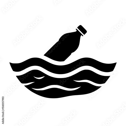 Minimalist Black SVG Silhouette of a Plastic Bottle Floating in Water for Environmental and Marine Pollution Awareness Designs
