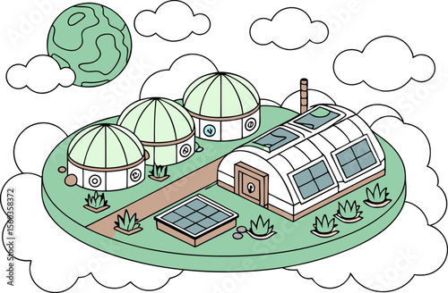 Isometric view of a sustainable habitat with domes, greenhouse, solar panels, and earth globe in the sky