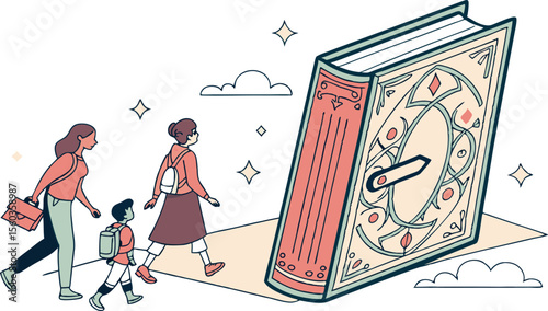 People walking towards a large book with ornate designs and a clock face, under a sky with clouds and stars