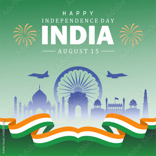 Happy Independence Day India. August 15. landmarks silhouette including fireworks and Ashoka Chakra. Vector illustration.