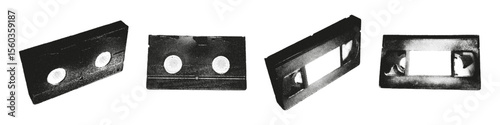 Halftone monochrome stipple elements set. VHS tape, vintage old analog video cassette. Grunge punk dots texture for y2k collage design. Retro photocopy vector illustration on transparent background