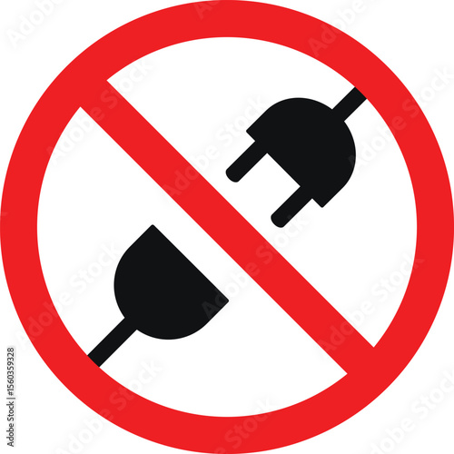 Do not unplug sign. Red warning sign showing unplugged cables, isolated on white background