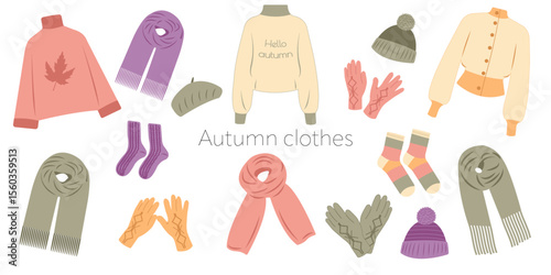 Autumn clothing vector set flat style - sweaters, scarves, hats, gloves and socks for seasonal designs. Hand drawn illustration for banners, cards, social media
