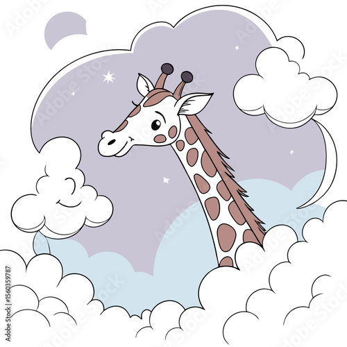 Cartoon giraffe with brown spots surrounded by fluffy clouds against a starry night sky background scene