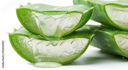 Fresh Green Aloe Vera Leaves Cut Showing Clear Gel Extract on White Background