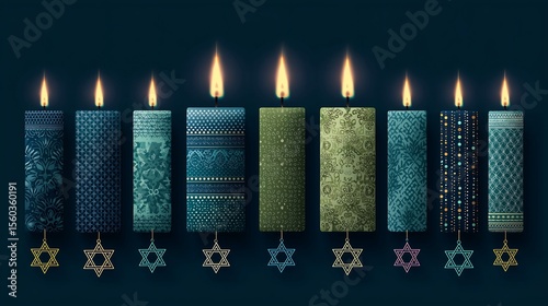 Hanukkah Candles with Star of David – modern minimalistic Hanukkah illustration, clean vector style, festive, playful and symmetrical layout in dark navy background