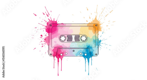 Watercolor Retro Cassette Tape with Color Splash