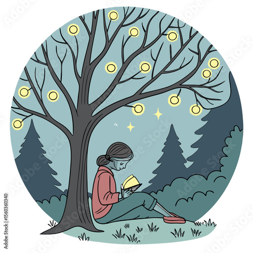 A girl reading a book under a tree decorated with lights in a forest with stars in the background
