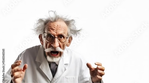 Eyes wild and hair in disarray, a disheveled mad scientist fixes the camera with an intense, unnerving desperate gaze, hinting at brilliant yet unhinged intellect. White background, isolated, cut out