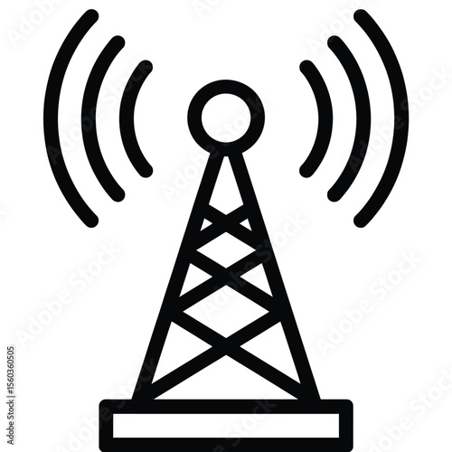 Black and white icon of a communication tower broadcasting radio waves