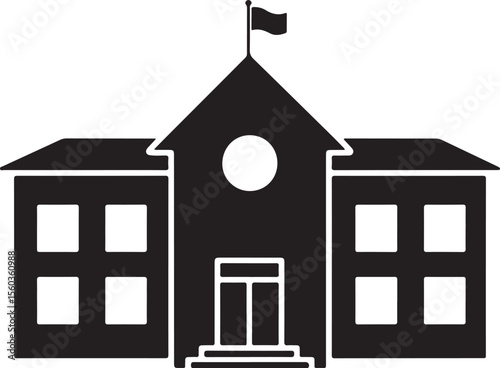 Iconic School Building Illustration Showing Traditional Architecture, Windows, Flag, and Design Details Emphasizing Education, Community, and Institutional Presence