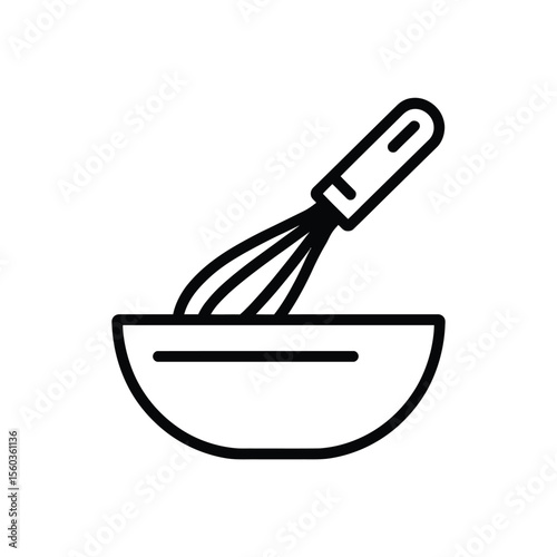 Simple line art icon of a whisk mixing ingredients in a bowl