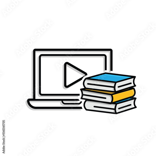 education icon. education laptop. open laptop with play button and stack of books. smart. Mixed design style