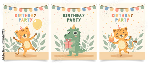 Set of birthday invitation cards with cute wild animals. Birthday greeting cards. Illustration for postcard, invitation, poster, print.