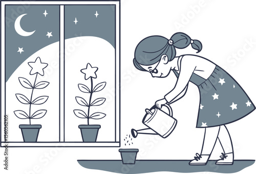 Illustration of a girl watering a plant in a pot with star flowers near a window at night time