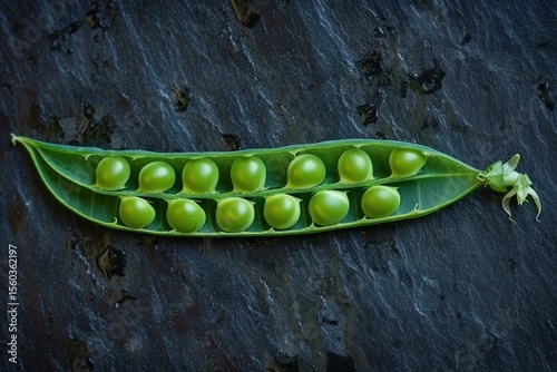 Open pea pod revealing fresh green peas resting on a dark stone background, showcasing the vibrant color and texture of the vegetable