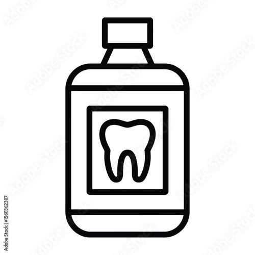 Simple line icon of a bottle of mouthwash with a tooth symbol on the label