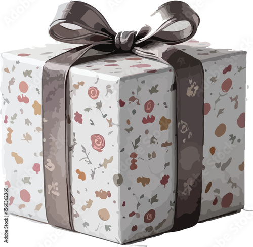 A wrapped gift with floral paper and ribbon on white surface