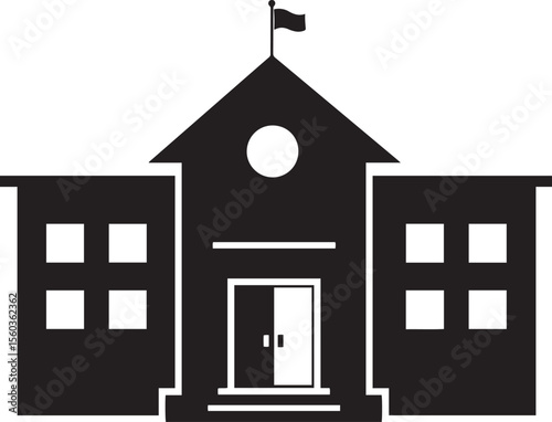 School Building Icon Depicting Education and Learning Centers for Students to Attend and Teachers to Instruct Academically with Black Silhouette Style