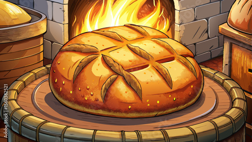  Freshly baked bread emerging from a traditional clay oven, glowing with warmth and golden crust, evoking rustic charm and authentic old-world baking techniques.