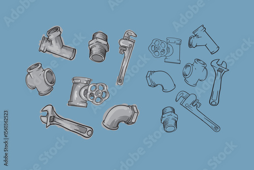 Plumbing Tools and Pipe Fittings Vector Illustration, Hand Drawn Industrial Equipment Set