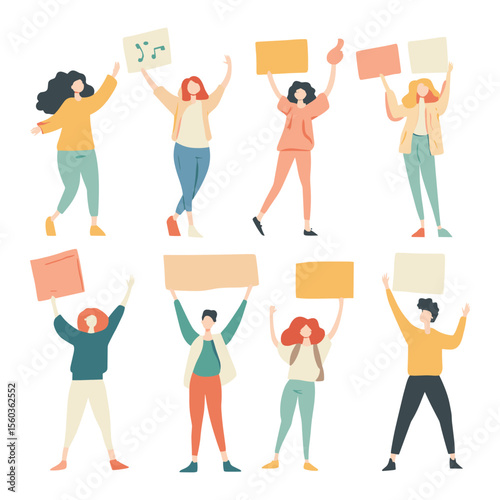 Collection of young diverse activists holding blank signs